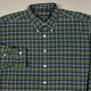 Vintage Nautica Button Down Oxford Shirt Mens XL Green Plaid Long Sleeve Dress